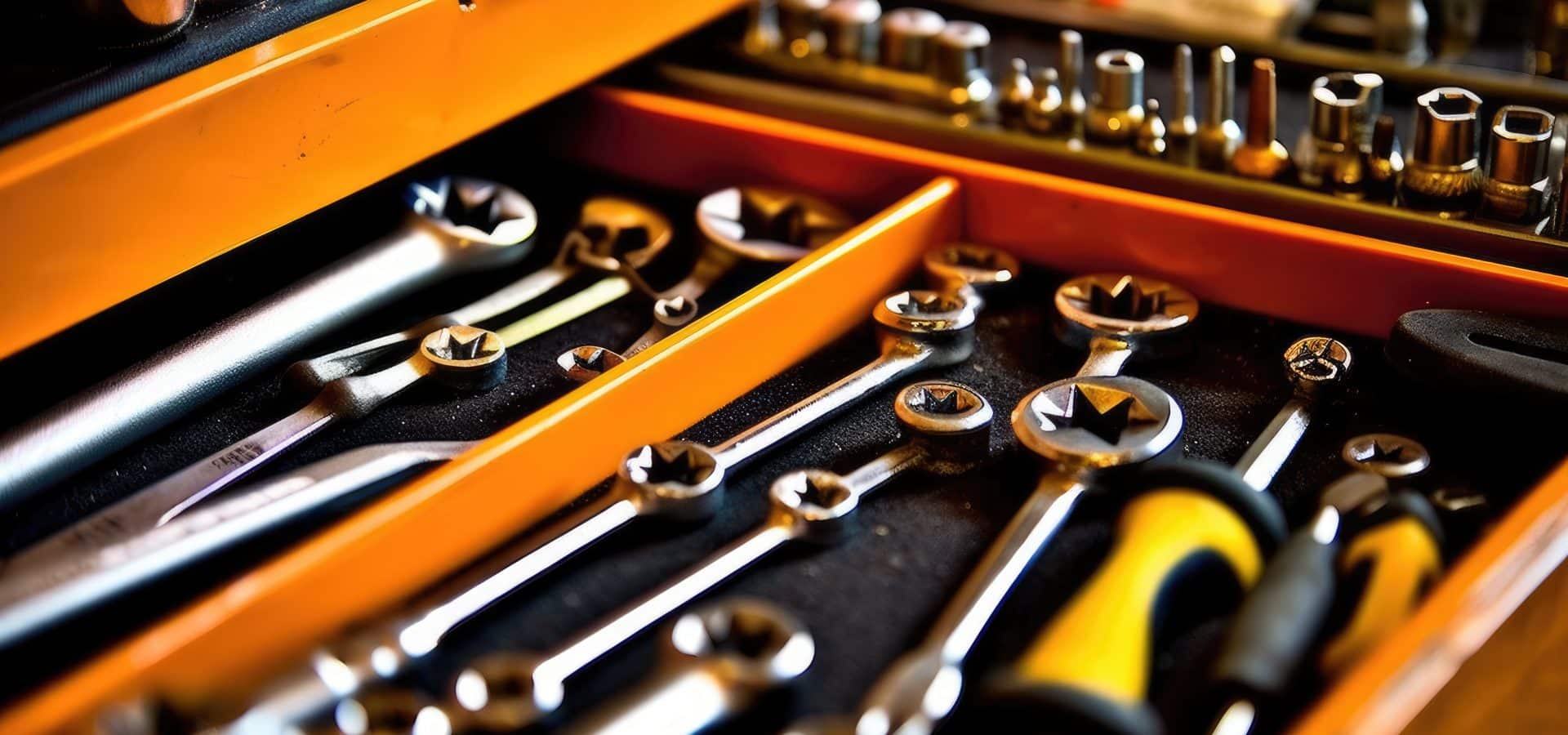 Close - up view of a toolbox at a mechanic's shop, focusing on the tools inside. Generative AI Close - up view of a toolbox at a mechanic's shop, focusing on the tools inside. Generative AI