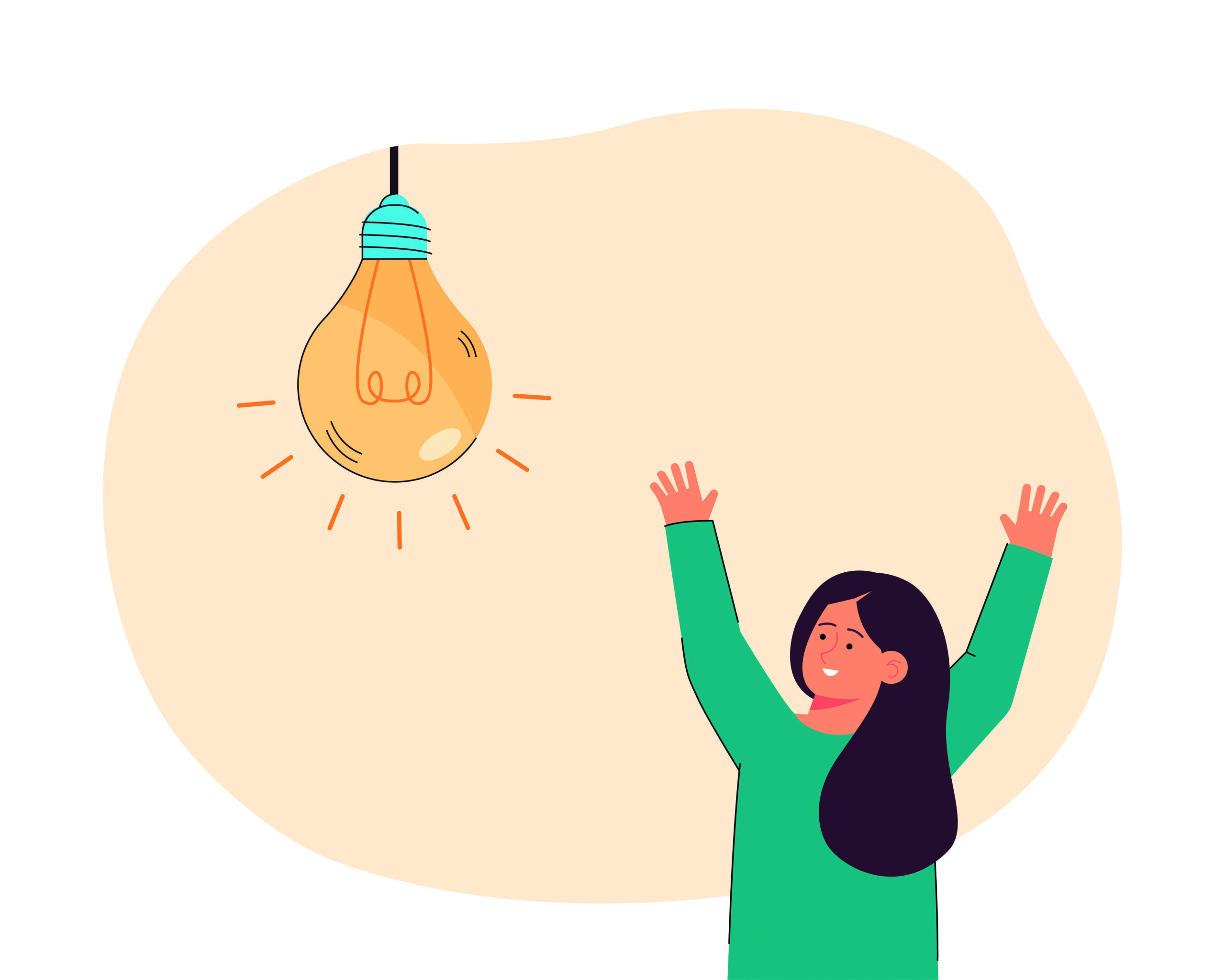 Happy little girl and huge lightbulb. School child studying, learning or getting new idea flat vector illustration. Education, childhood, creativity concept for banner, website design or landing page