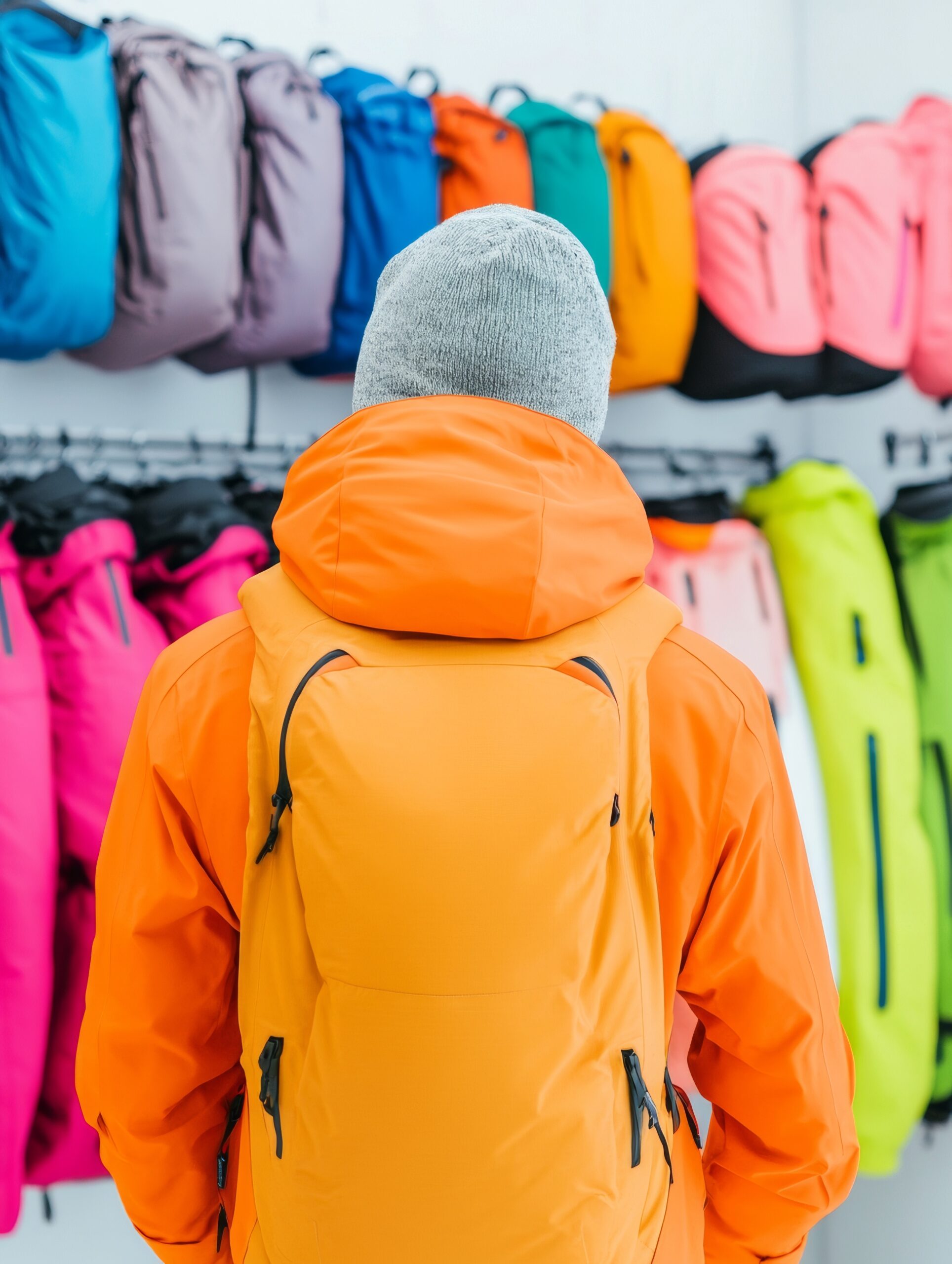 Colorful Ski Shop Scene Skier Selecting Gear in Vibrant Winter Apparel Display.