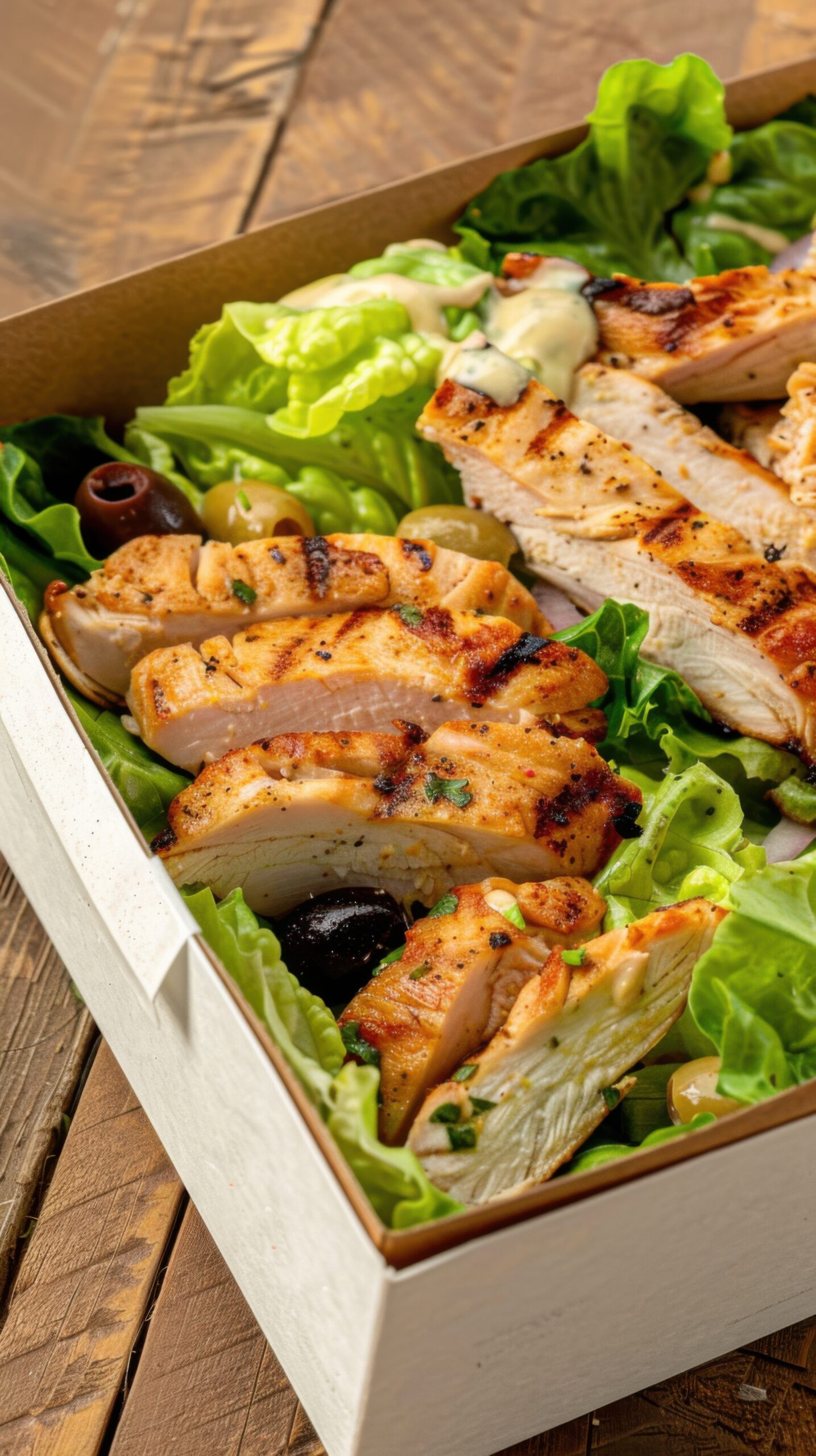 A delicious salad featuring crisp lettuce, grilled chicken slices, and plump olives is artfully arranged in a cardboard box. Zesty lemon dressing adds the finishing touch to this healthy meal.
