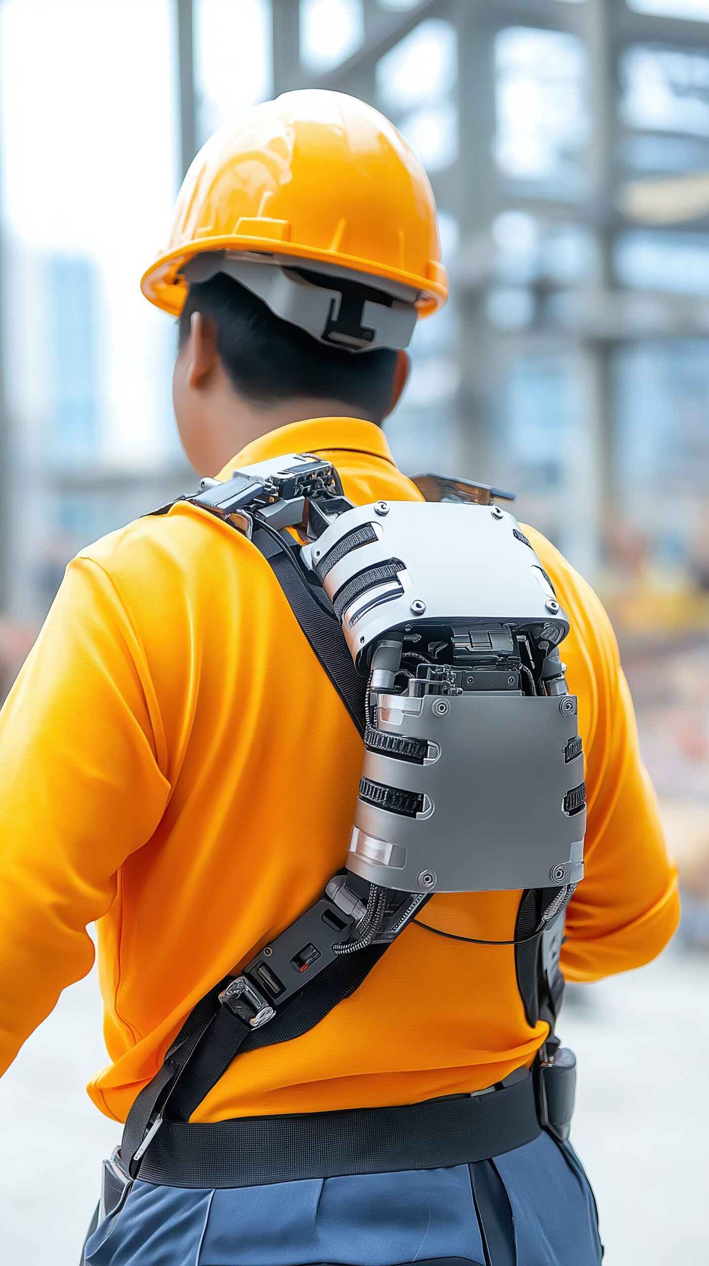 Advanced robotic exoskeleton aiding a construction worker, advanced technology, futuristic labor enhancement.