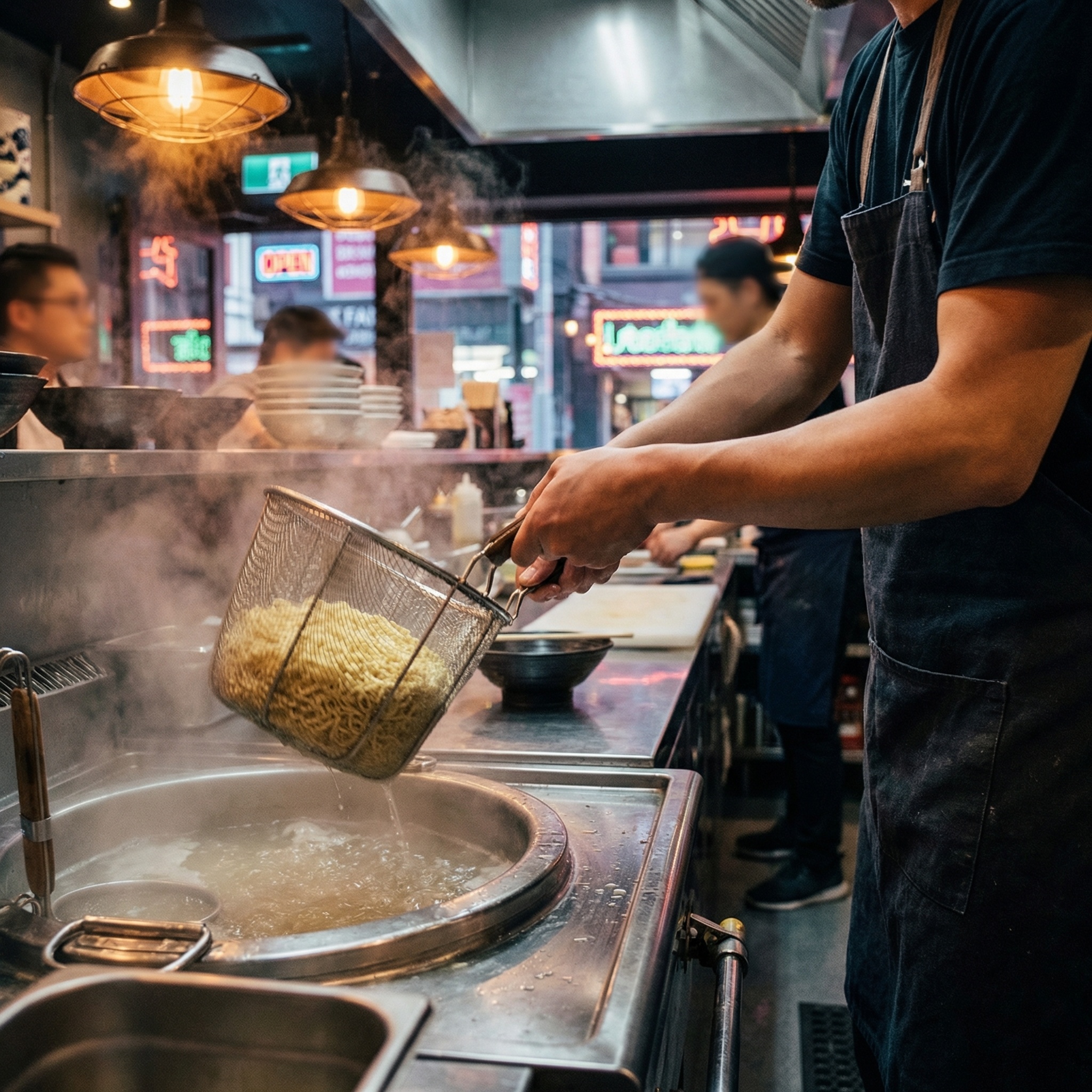 Chef cooking noodles in a steaming restaurant kitchen with a noodle strainer over a boiling pot, neon signs visible through the window, and a modern urban dining atmosphere